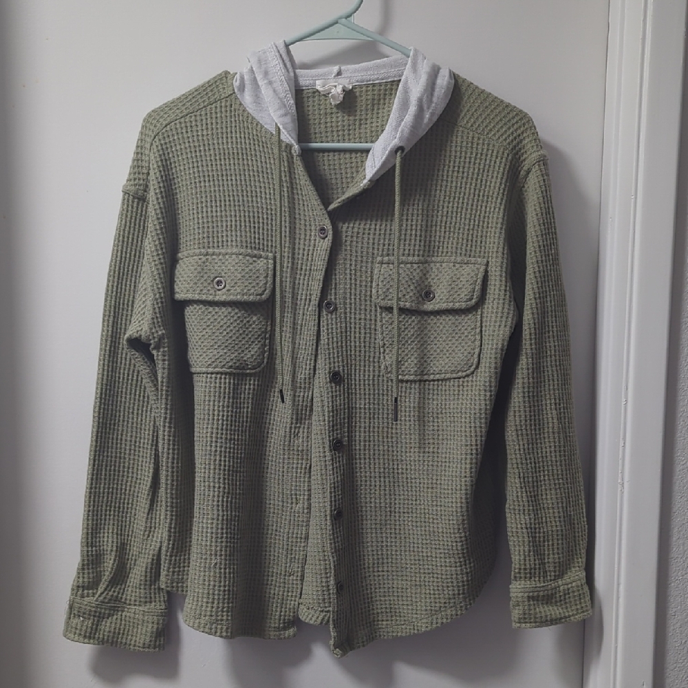 Hippie Rose Olive Button Down Shirt with Gray Hoodie